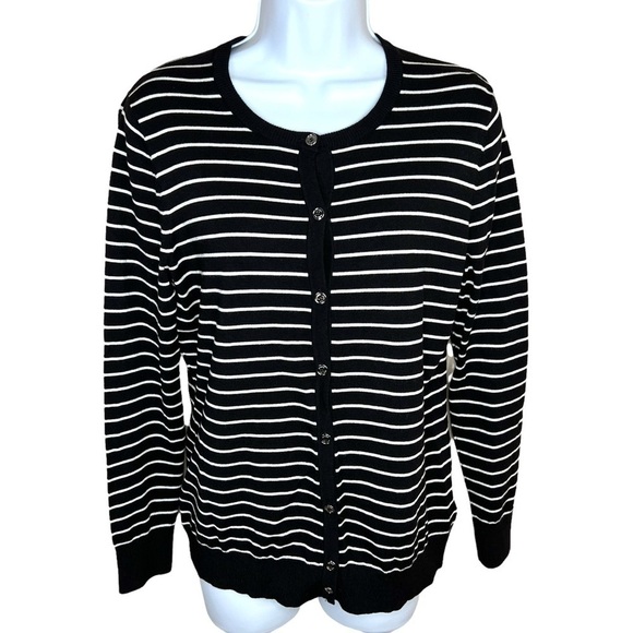 M Jones New York Black & White Striped Cardigan Sweater Long Sleeve Medium - Picture 1 of 7